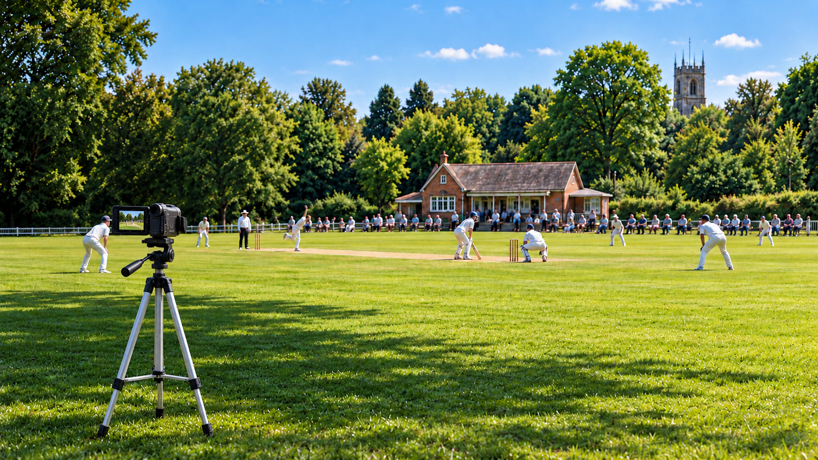 A small consumer camcorder on a simple tripod at the boundary, pointing towards a village cricket match